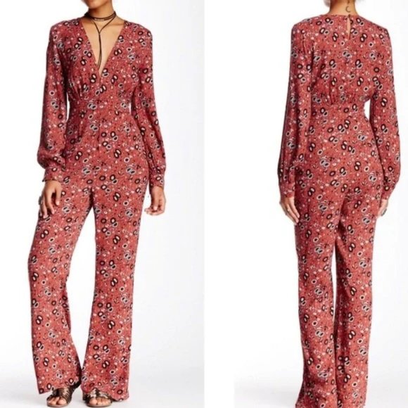 Free People Pants - Free People Jumpsuit Floral Bohemian Romper Wide Leg One-Piece Rust Combo Size 4